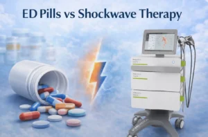 ED pills beside a low-intensity shockwave therapy machine